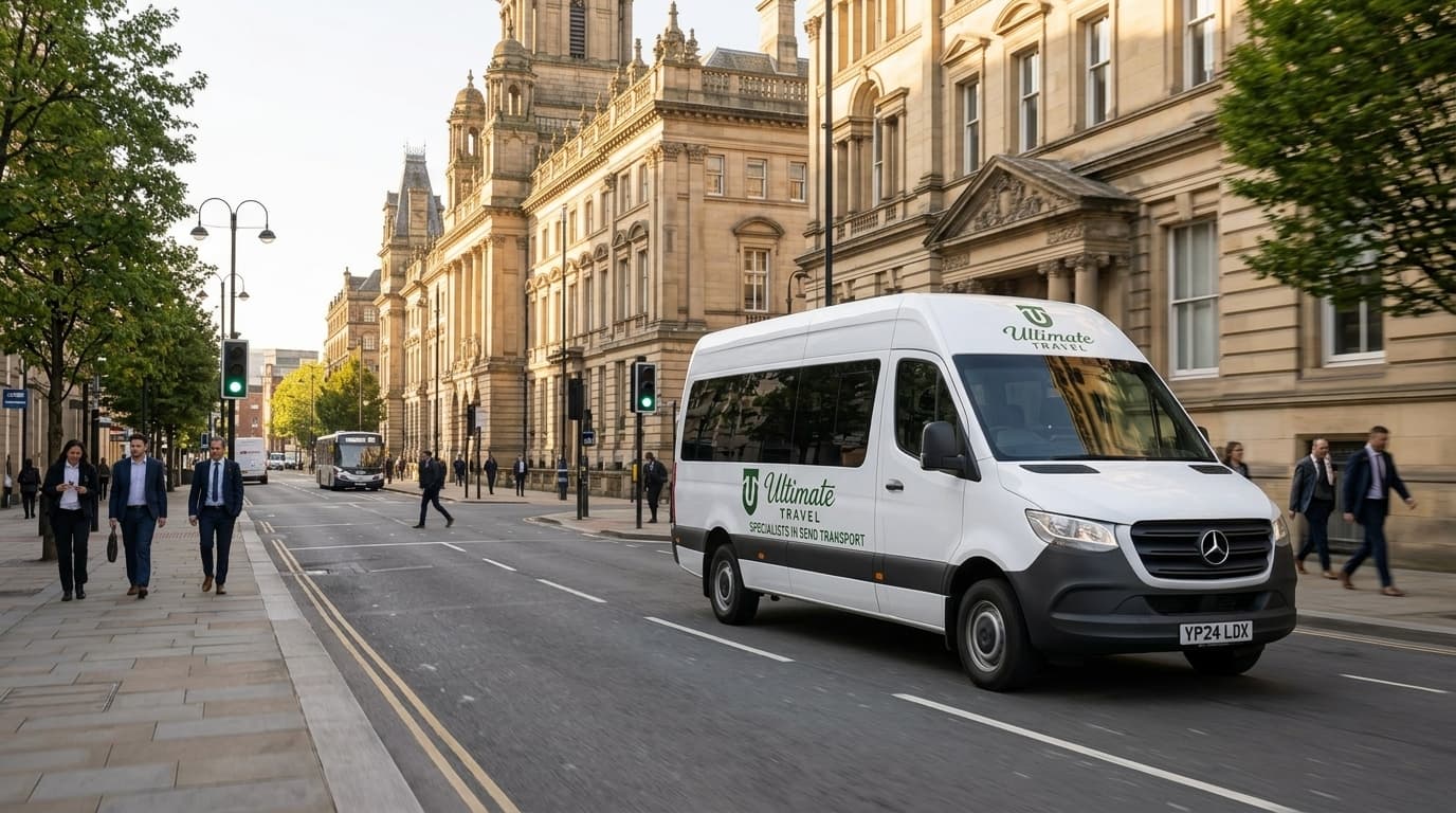An Ultimate Travel minibus in motion through the morning hustle of a Yorkshire city centre